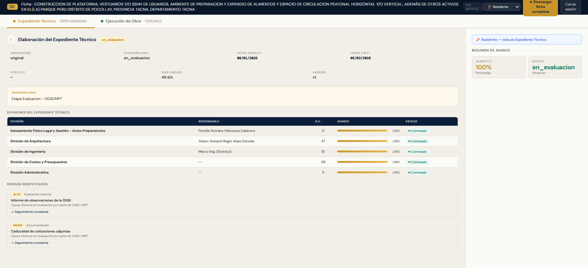 Pantalla de expediente técnico con divisiones